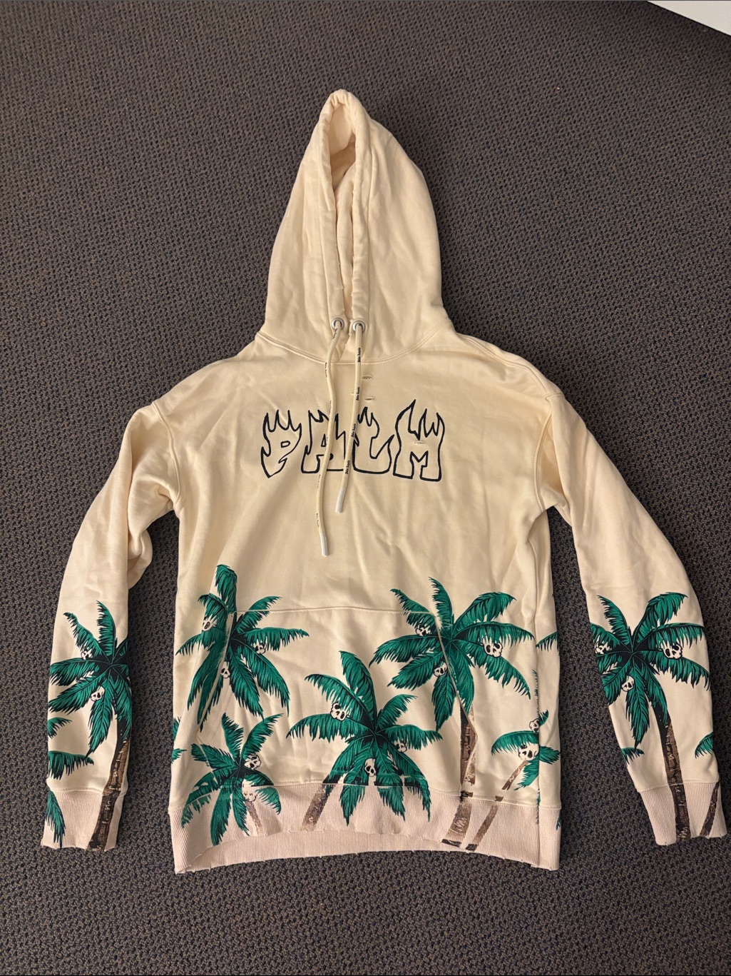 Palm Angels Cream Distressed Hoodie With Green Palm Tree Print. Size L Men’s